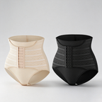Two high-waisted shaping briefs shown side by side on a light gray studio background: one in light beige with a subtle tonal pattern and center front closure, and one in black with a darker tonal pattern and matching front closure.
