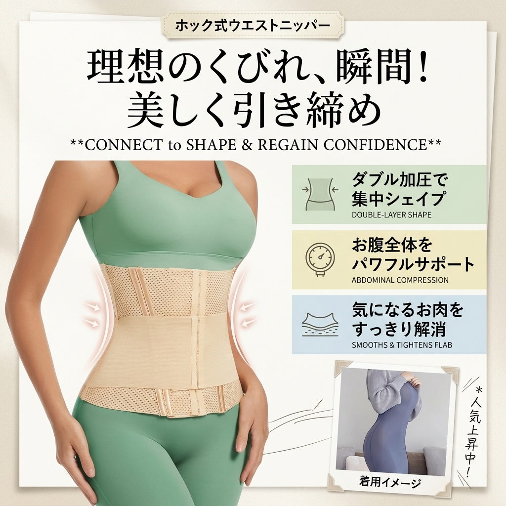 Promotional graphic for a waist trainer shapewear belt. The main image shows a woman wearing a sage green sports bra and matching leggings with a beige mesh waist support belt wrapped around her midsection.