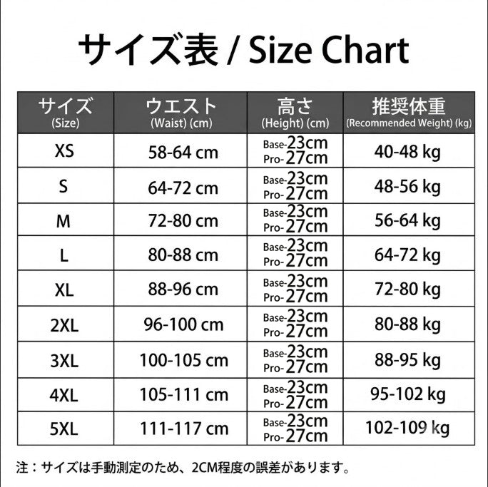 A size chart in Japanese and English showing weight and height requirements for clothing sizes XS through 5XL.