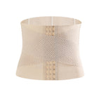Beige waist trainer belt with breathable mesh fabric and adjustable hook-and-loop closure, shown against a plain white background.