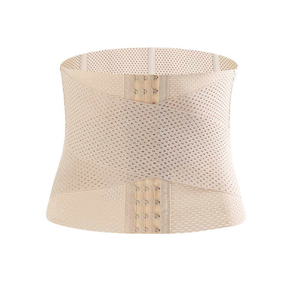 Beige waist trainer belt with breathable mesh fabric and adjustable hook-and-loop closure, shown against a plain white background.