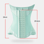 A mint green waist trainer corset shown on a light gray background with red measurement lines and text indicating 34 cm height and 29.6 cm width.