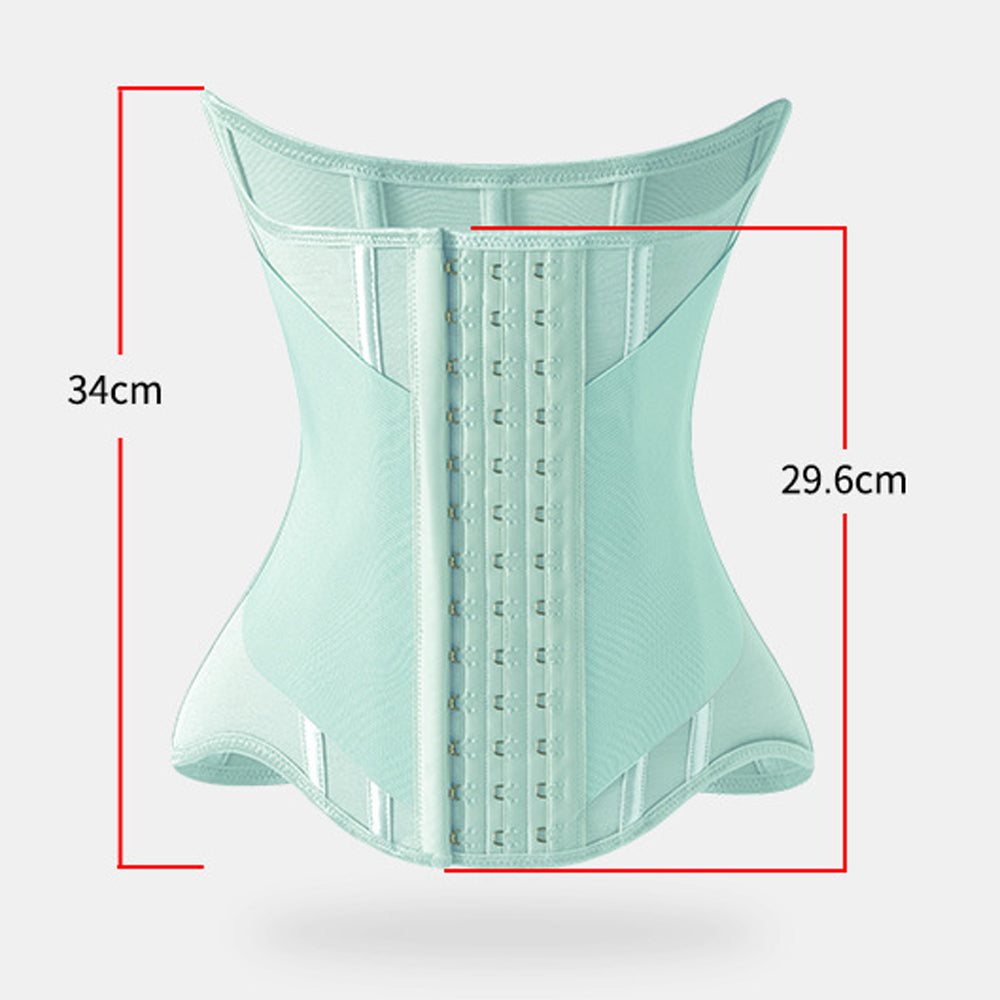 A mint green waist trainer corset shown on a light gray background with red measurement lines and text indicating 34 cm height and 29.6 cm width.
