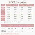 A size chart table in Japanese and English for apparel sizing, showing size categories from XXXS to XXL with front length, side length, back length, recommended waist, and height/weight ranges.