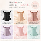A promotional collage showing six corset-style waist trainers in different colors: black, nude, dusty rose, lilac, sakura pink, and mint green. Each garment is displayed on a model against a soft pastel background, with Japanese text above and below describing the color options and benefits.