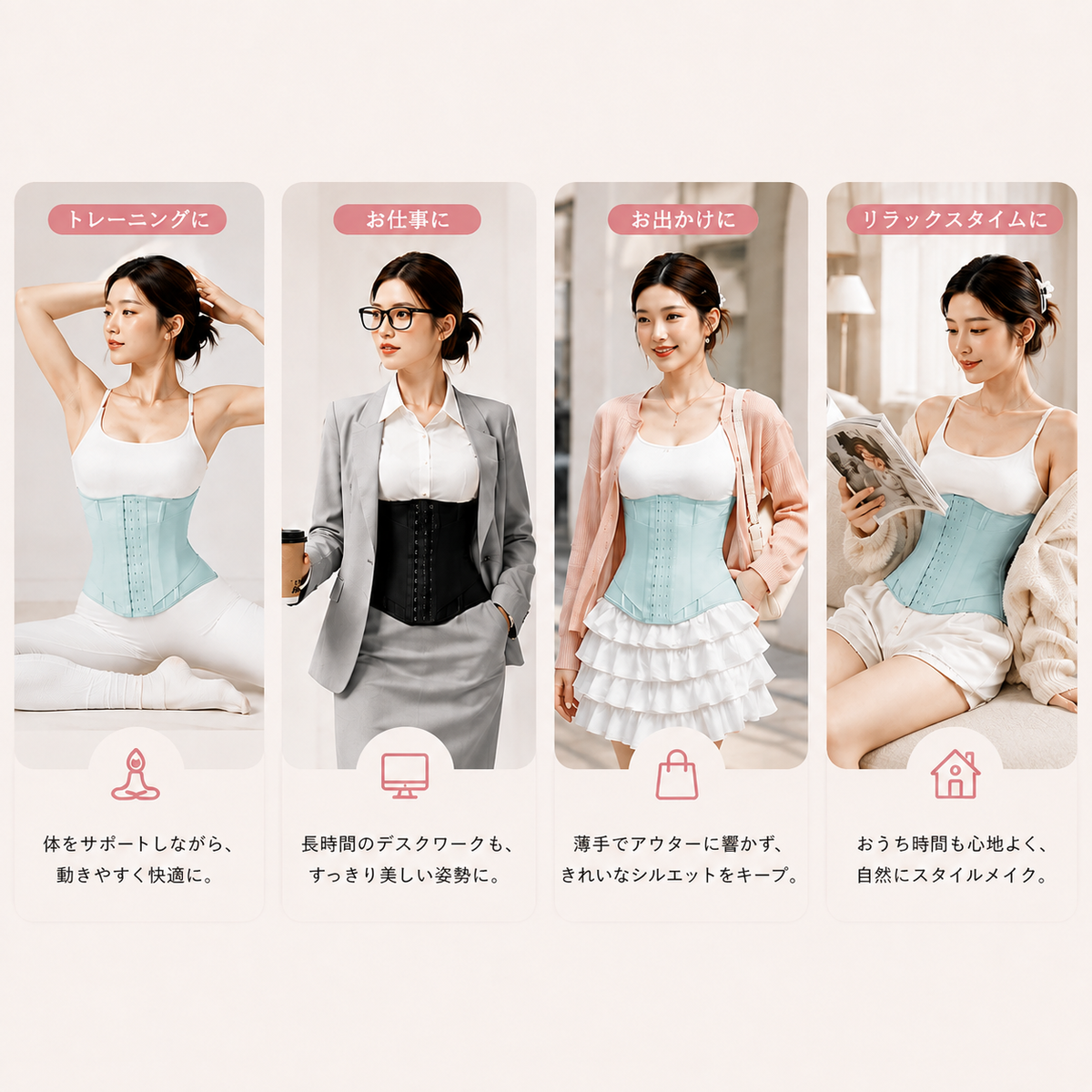 A four-panel promotional graphic showing a woman modeling a light blue waist trainer corset in different scenarios: yoga, office work, going out, and relaxing. Each panel features Japanese text with icons at the bottom.