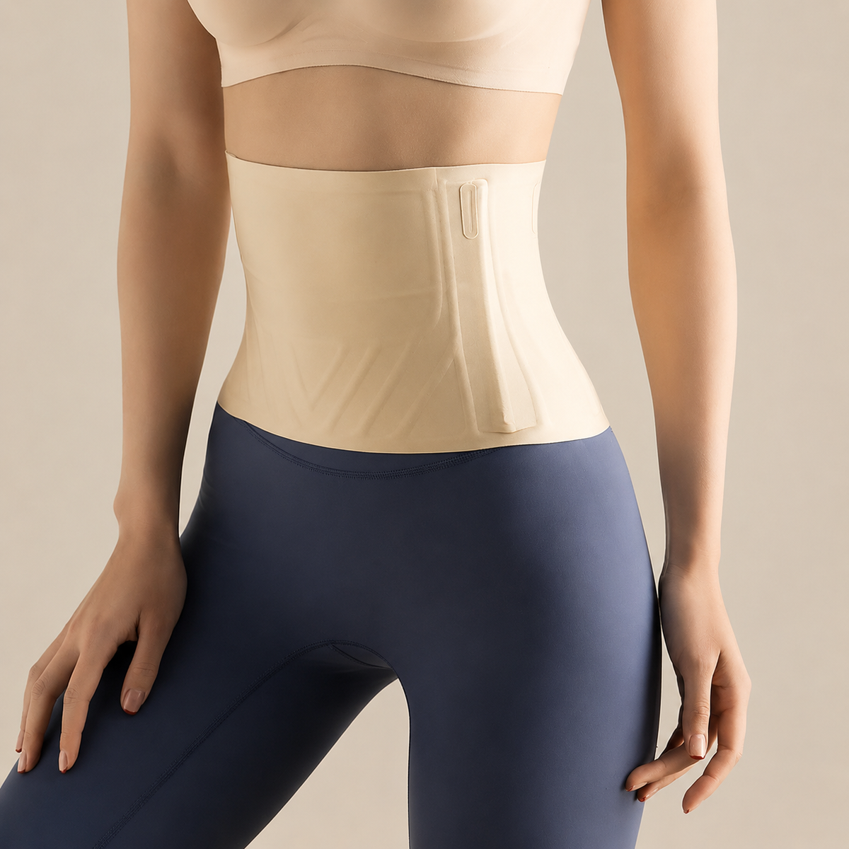 A close-up of a model wearing a beige waist trainer belt over dark navy blue leggings, shown from the chest down against a solid beige background.
