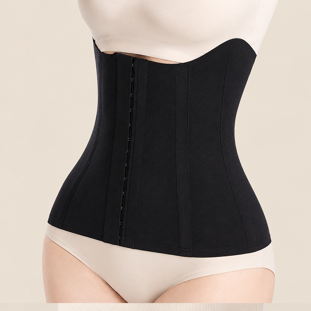 A black waist trainer corset belt worn by a model, shown from the waist to hips against a light beige background.
