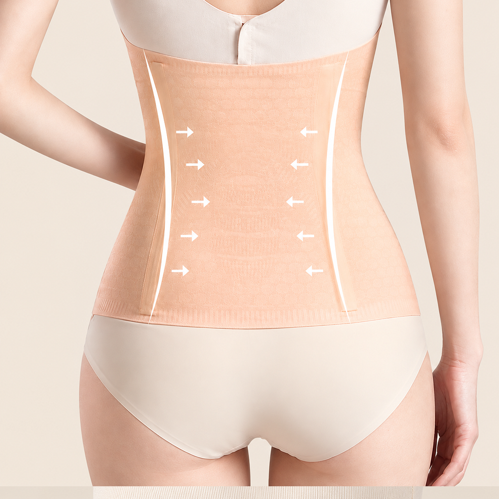 Rear view of a woman wearing a beige waist trainer shapewear belt over a cream bra and matching underwear, with white arrows indicating compression and support.