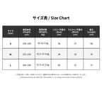 A size chart table in Japanese and English, showing sizing information for S, M, and L sizes with height, weight, bust, waist, and length measurements.