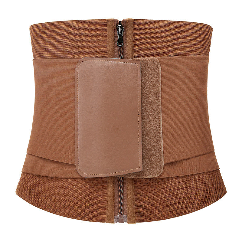 Brown waist trainer with a rectangular patch on a white background