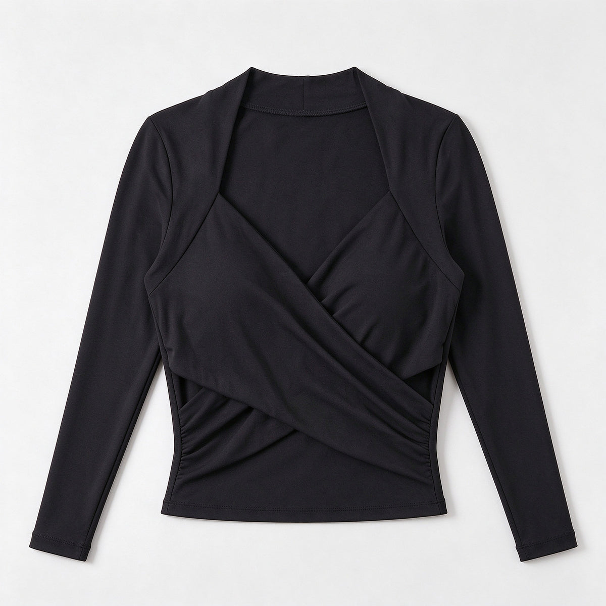 A black long-sleeve wrap-style top with a draped crossover front and open neckline, shown flat against a light gray background.