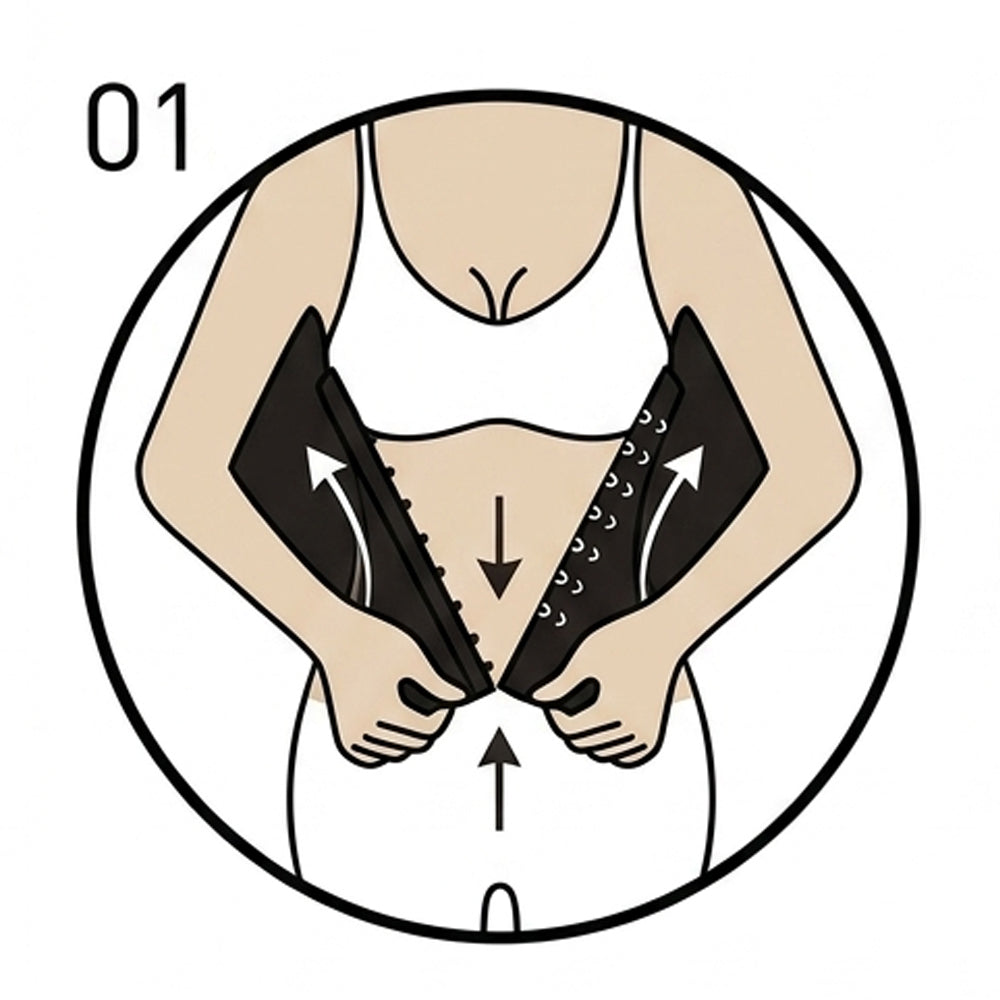 Instruction diagram showing how to put on a waist trainer or shapewear garment, with arrows indicating pulling the sides inward and downward compression, labeled '01' on a white background.
