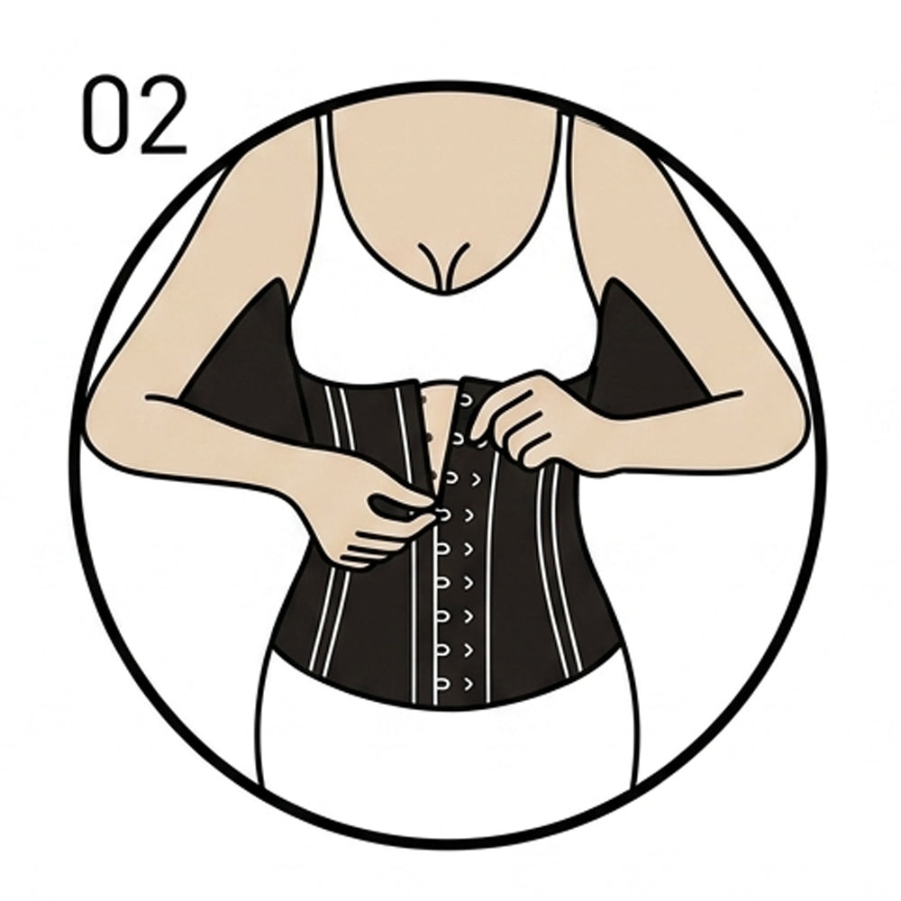 Illustrated instruction graphic showing a woman from the shoulders to hips wearing a black waist trainer corset with white lacing, with hands adjusting the front closure. The number 02 appears in the top left on a white background.