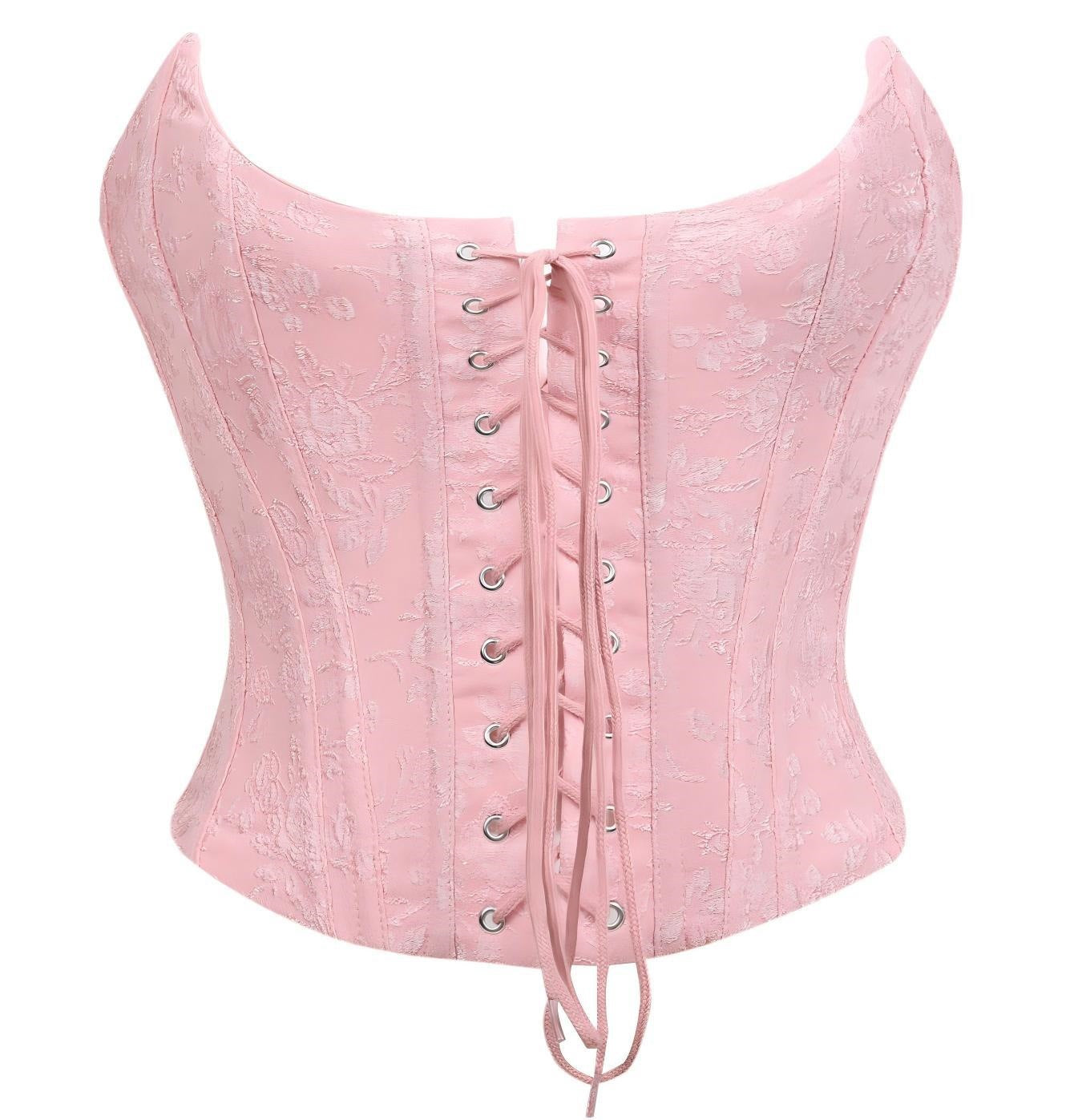 Pink corset with lace-up front on a white background