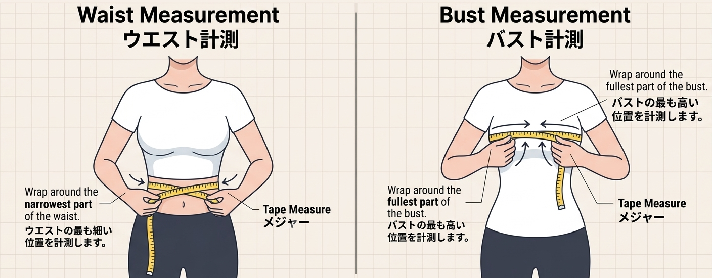 Instructional diagram showing waist and bust measurement guides with illustrated figures, Japanese text, and tape measure illustrations on a light grid background.